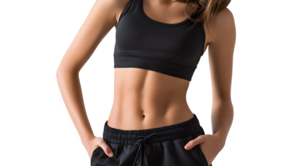sporty young woman in black workout outfit showing toned abs isolated on white