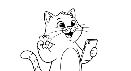 Vector Line Art SVG Illustration of a Cat Character Holding a Smartphone in Minimalist Cartoon Style