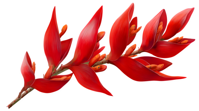 HD realistic red palulu heliconia bihai flowers isolated on white or white png