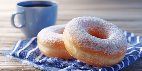 The delicious donuts and coffee on a rustic wooden table.