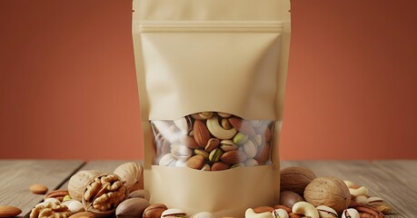 Kraft pouch bag filled with mixed nuts and seeds on wooden surface