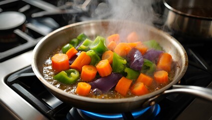 Colorful chopped vegetables sizzle in a pan on a stove, creating a vibrant and healthy meal scene.