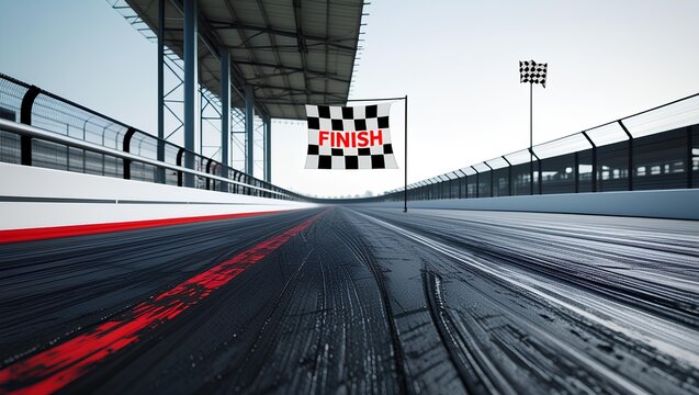 Race Track Finish Line with Checkered Flag and Tire Marks"