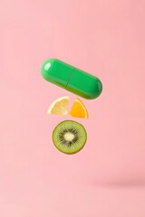 Creative conceptual composition showing a green capsule with fresh fruit slices including kiwi, orange, and lemon on pastel pink background, symbolizing vitamins, nutrition, and healthy lifestyle