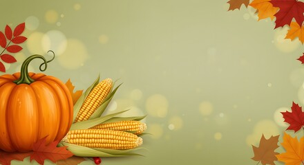 Harvest Pumpkin and Corn with Fall Leaves on Light Green Background