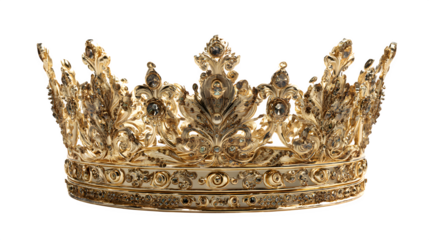 shiny gold royal crown with detailed ornaments isolated on white