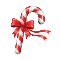 A glossy Christmas candy cane with red and white stripes, tied with a large, elegant red bow and ribbons.