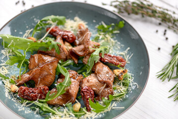 salad with arugula and meat in a plate on a light background
macro