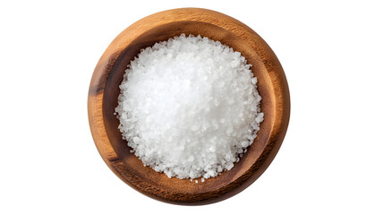 Obraz na płótnie Canvas fine white salt in wooden bowl top view isolated on white