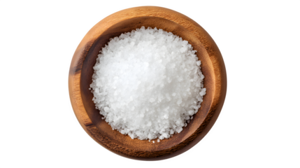 fine white salt in wooden bowl top view isolated on white