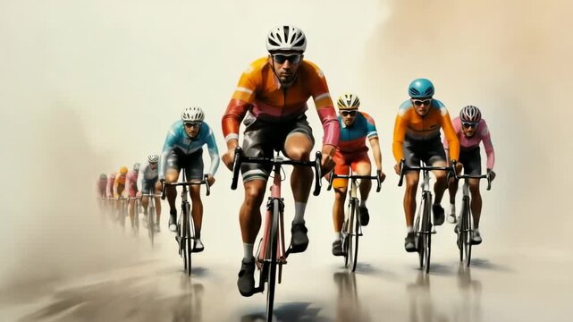 Competitive cyclists race through dusty terrain in vibrant jerseys under bright sunlight during an intense event