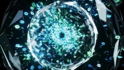 Abstract technology background with binary code streaming through a geometric crystal structure, data and digital concept. - Powered by Adobe