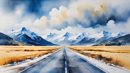 Scenic Mountain Road Leading to Snowy Peaks Under Cloudy Sky &ndash; Nature Landscape Travel Photography