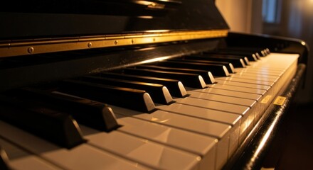 Close-up on piano keys with dark wood and warm light illuminating them