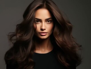 Model showcases stunning wavy hairstyle with soft lighting in a minimalist studio setting during a portrait session