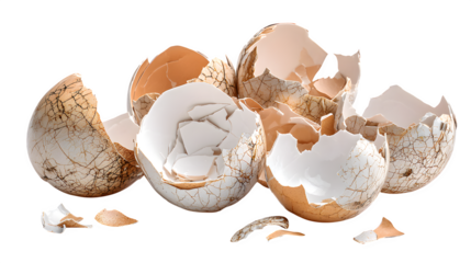 cracked eggshells in broken pieces isolated on white