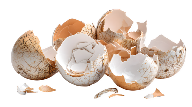 cracked eggshells in broken pieces isolated on white