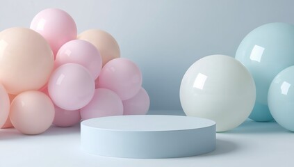Fototapeta premium Pastel Harmony. A Minimalist Stage with Sphere Accents, Delicate Tones and Gentle Light.