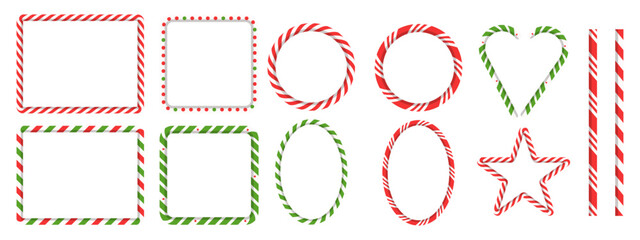 Christmas candy cane photo frame set. Rectangle, circle, star, and heart borders in striped red and green lollipop style.