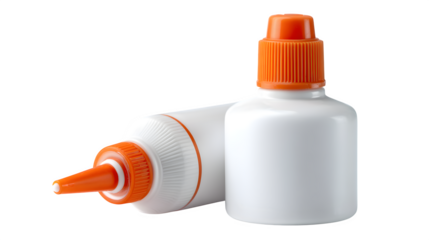 white plastic glue bottle with orange nozzle cap isolated on white