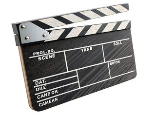 Naklejka premium Classic Black and White Wooden Movie Clapperboard with Silver Lettering and Hinges Isolated on a Transparent Background