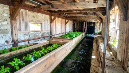 An old rustic greenhouse repurposed for aquaponic farming, where fresh leafy greens grow in raised beds nourished by a flowing water system, blending traditional charm with modern sustainability.