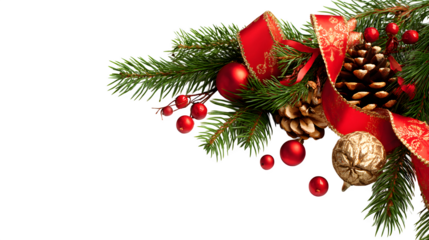 holiday corner decoration with pine, ribbon and ornaments isolated on white