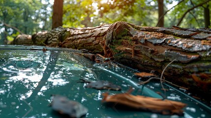 Car damaged by storm  fallen tree causes broken windshield and dented roof on suburban street