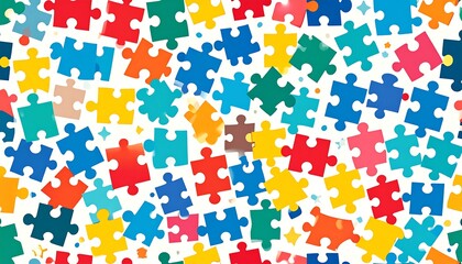 Colorful puzzle pieces scattered on white background