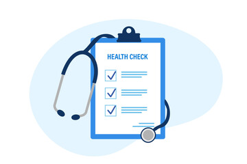 Medical health check. Stethoscope with medical check list board. Medical and health insurance concept vector illustration