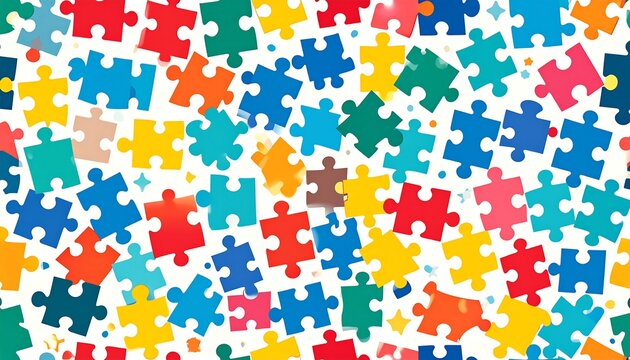 Colorful puzzle pieces scattered on white background