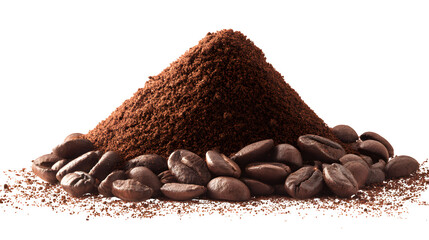 HD realistic coffee powder pile with beans isolated on white png