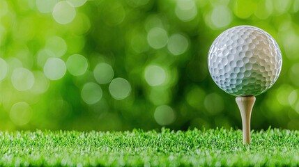 Golf Ball on Tee: Ready for the Swing, Vibrant Green Bokeh Background