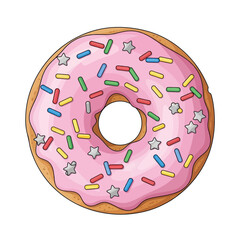 Cartoon donut with pink frosting and colorful sprinkles.
