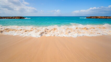 Obraz premium Serene beach scene with turquoise water and gentle waves under a clear blue sky day light