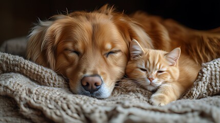 Warm Scene of Golden Retriever & Orange Tabby Cat: Sleeping Cuddled on Textured Beige Blanket, Dark Soft Blurred Background