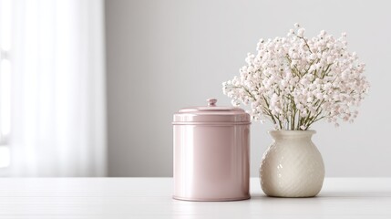 Soft, serene scene a blush-pink canister next to a cream vase with airy white flowers on a white surface, soft light