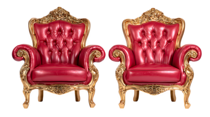luxury red chairs with golden detailing set isolated on white background