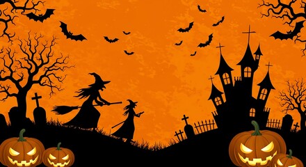 Halloween Silhouette of Witch and Castle on Orange Background