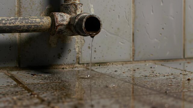 Leaking rusty pipe dripping water on tiled floor creating a puddle, concept of plumbing problem, maintenance issues, or water damage.