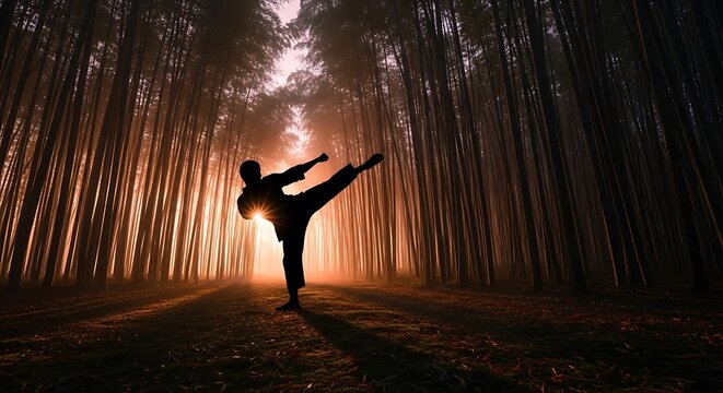 Martial Arts Expert Focused Kick in Forest. - Powered by Adobe