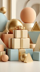 Pastel geometric arrangement of spheres, cubes, and a pyramid, with ribboned boxes, in soft, warm lighting