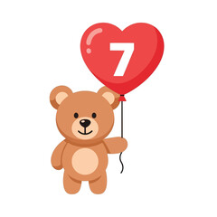 Cute brown teddy bear holding a red heart-shaped balloon with the number seven, celebrating a birthday or anniversary.