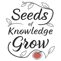 Seeds of knowledge grow text with leaves and an apple, isolated on transparent background