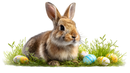 HD realistic rabbit among grass and colored eggs, spring motif isolated on white