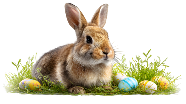 HD realistic rabbit among grass and colored eggs, spring motif isolated on white