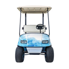 Front view of a blue and white patterned golf cart with black tires and roof isolated on transparent background