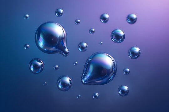 Abstract composition of liquid mercury droplets floating mid-air with glowing blue, silver, and violet reflections, futuristic background for science, technology, and creative digital projects