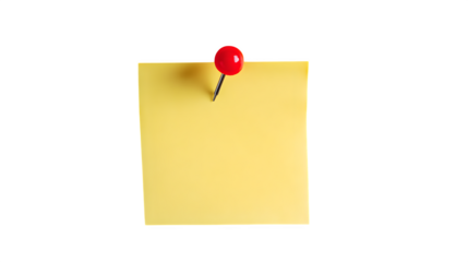 yellow sticky note with red pin on wall mockup isolated on white