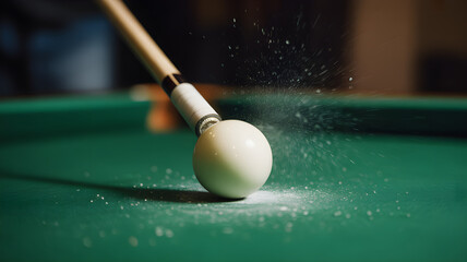 a cue ball on a green billiards table, chalk dust, wooden cue stick, highly detailed, cinematic
